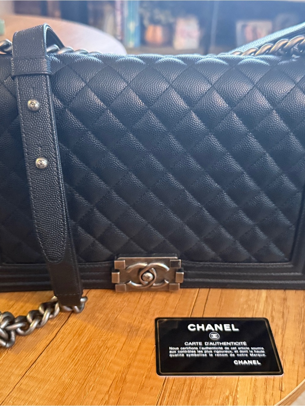 CHANEL Black Quilted Leather Shoulder Boy Bag with Silver-Tone Hardware